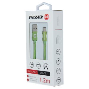 Cable textile, USB-A > USB-C, 1.2m, Swissten, Vert