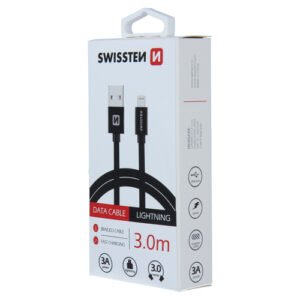 Cable textile, USB-A > Lightning, 3m, Swissten, Noir
