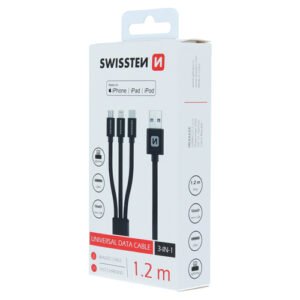 Cable, 3-en-1, textile, MFi, USB-A > Micro USB / USB-C / Lightning, 1.2m, Swissten, Noir