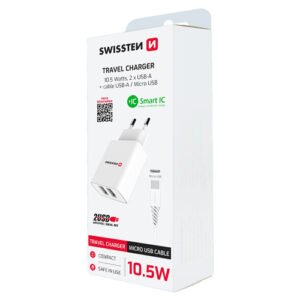 Chargeur 10W, 2x USB-A, cable USB-A > Micro USB fourni, Swissten, Blanc