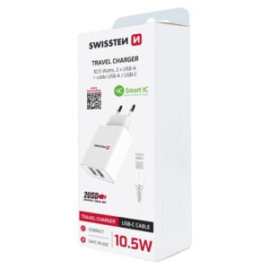 Chargeur 10W, 2x USB-A, cable USB-A > USB-C fourni, Swissten, Blanc