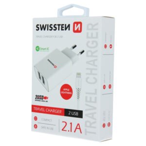 Chargeur 10W, 2x USB-A, cable USB-A > Lightning fourni, Swissten, Blanc
