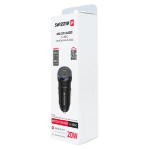 Chargeur allume cigare 20W, 2x USB-C, Power Delivery, Swissten, Noir