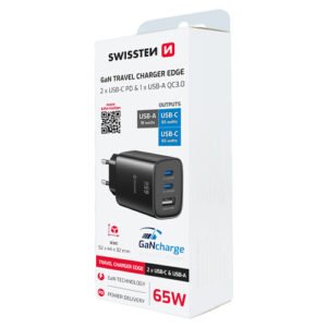 Chargeur 65W, 2x USB-C / 1x USB-A, GaN / Power Delivery, Swissten, Noir