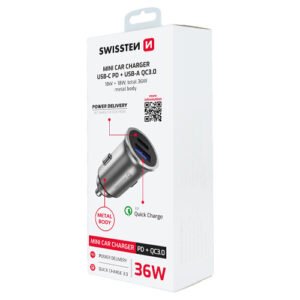 Chargeur allume cigare 36W, 1x USB-C / 1x USB-A, Power Delivery, Swissten, Argent