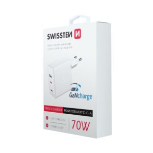 Chargeur 70W, 2x USB-C / 1x USB-A, GaN, Swissten, Blanc