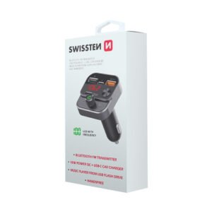 Chargeur allume cigare 18W, 1x USB-C / 2x USB-A, avec transmetteur FM Bluetooth, Swissten, Noir
