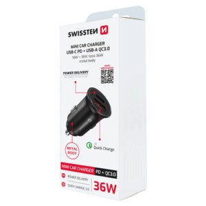 Chargeur allume cigare 36W, 1x USB-C / 1x USB-A, Power Delivery,  Swissten, Noir