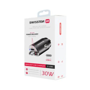 Chargeur allume cigare 30W, 1x USB-C / 1x USB-A, Power Delivery, Swissten, Noir