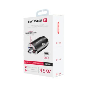 Chargeur allume cigare 45W, 2x USB-C, Power Delivery, Swissten, Noir