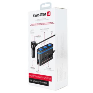 Chargeur allume cigare 216W, 2x USB-C / 1x USB-A, Power Delivery avec extension allume cigare, Swissten, Noir