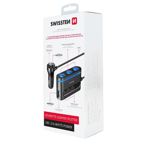 Chargeur allume cigare 216W, 2x USB-C / 1x USB-A, Power Delivery avec extension allume cigare, Swissten, Noir