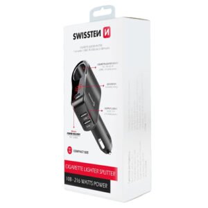 Chargeur allume cigare 216W, 1x USB-C / 2x USB-A, avec extension allume cigare, Swissten, Noir