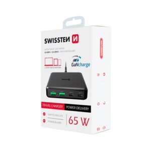 Chargeur 65W, 2x USB-C / 2x USB-A, GaN / Power Delivery, Swissten, Noir