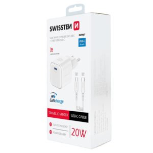 Chargeur 20W, 1x USB-C, GaN / Power Delivery, cable USB-C > USB-C fourni, Swissten, Blanc