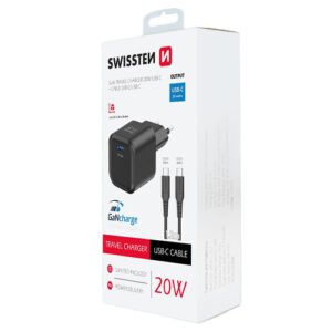 Chargeur 20W, 1x USB-C, GaN / Power Delivery, cable USB-C > USB-C fourni, Swissten, Noir