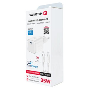 Chargeur 35W, 1x USB-C, GaN / Power Delivery, cable USB-C > USB-C fourni, Swissten, Blanc