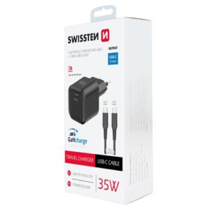 Chargeur 35W, 1x USB-C, GaN / Power Delivery, cable USB-C > USB-C fourni, Swissten, Noir