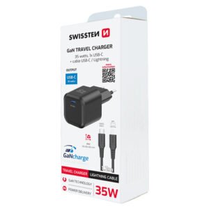 Chargeur 35W, 1x USB-C, GaN / Power Delivery, cable USB-C > Lightning fourni, Swissten, Noir