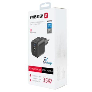 Chargeur 35W, 1x USB-C / 1x USB-A, GaN / Power Delivery, Swissten, Noir
