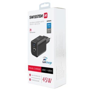 Chargeur 45W, 1x USB-C / 1x USB-A, GaN / Power Delivery, Swissten, Noir