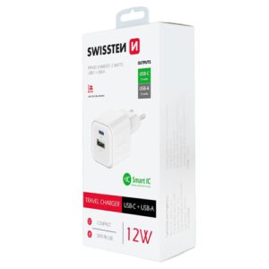 Chargeur 12W, 1x USB-C / 1x USB-A, Swissten, Blanc