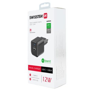 Chargeur 12W, 1x USB-C / 1x USB-A, Swissten, Noir