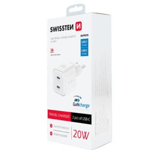 Chargeur 20W, 2x USB-C, GaN / Power Delivery, Swissten, Blanc