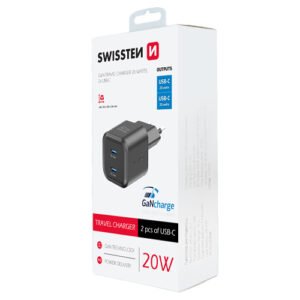 Chargeur 20W, 2x USB-C, GaN / Power Delivery, Swissten, Noir