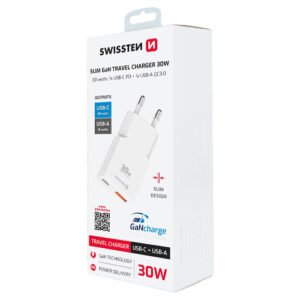 Chargeur 30W, 1x USB-C / 1x USB-A, GaN slim, Swissten, Blanc