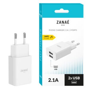 Chargeur 10W, 2x USB-A, Zanae, Blanc