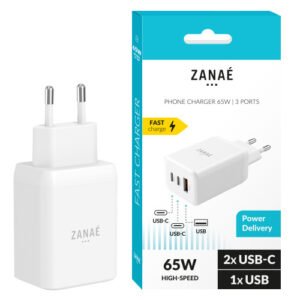 Chargeur 65W, 2x USB-C / 1x USB-A,  PPS / Power Delivery, Zanae, Blanc
