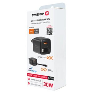 Chargeur 30W, 1x USB-A, cable USB-C > USB-C retractable integre, GAN, Swissten, Noir