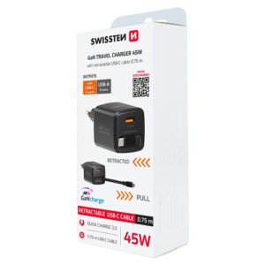 Chargeur 45W, 1x USB-A, cable USB-C > USB-C retractable integre, GAN, Swissten, Noir