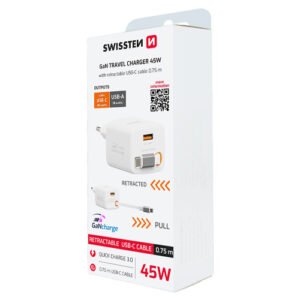 Chargeur 45W, 1x USB-A, cable USB-C > USB-C retractable integre, GAN, Swissten, Blanc