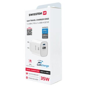 Chargeur 35W, 1x USB-C / 1x USB-A, GaN / Power Delivery, Swissten, Blanc