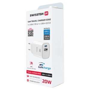 Chargeur 20W, 1x USB-C / 1x USB-A, GaN / Power Delivery, Swissten, Blanc