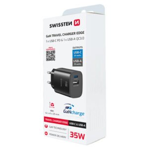 Chargeur 35W, 1x USB-C / 1x USB-A, GaN / Power Delivery, Swissten, Noir