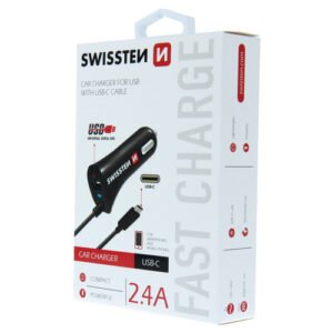 Chargeur allume cigare 2.4A, 1x USB-A, cable USB-A > USB-C integre, Swissten, Noir