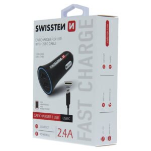 Chargeur allume cigare 2.4A, 2x USB-A, cable USB-A > USB-C fourni, Swissten, Noir