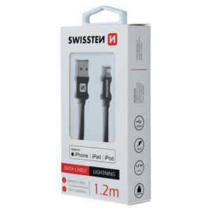 Cable textile, MFi, USB-A > Lightning, 1.2m, Swissten, Noir