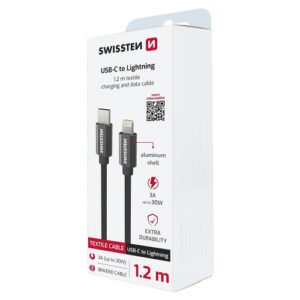 Cable textile, USB-C > Lightning, 1.2m, Swissten, Noir