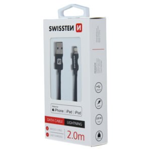 Cable textile, MFi, USB-A > Lightning, 2m, Swissten, Noir