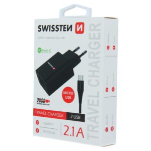 Chargeur 10W, 2x USB-A, cable USB-A > Micro USB fourni, Swissten, Noir