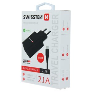 Chargeur 10W, 2x USB-A, cable USB-A > USB-C fourni, Swissten, Noir