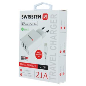 Chargeur 10W, 2x USB-A, cable USB-A > Lightning MFi fourni, Swissten, Blanc