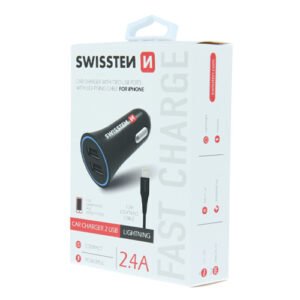 Chargeur allume cigare 2.4A, 2x USB-A, cable USB-A > Lightning fourni, Swissten, Noir