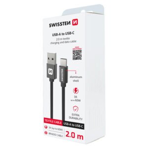 Cable textile, USB-A > USB-C, 2m, Swissten, Noir
