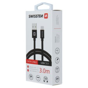 Cable textile, USB-A > USB-C, 3m, Swissten, Noir