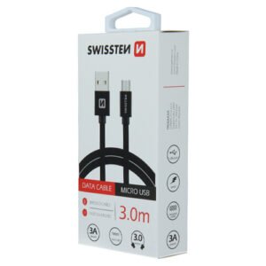 Cable textile, USB-A > Micro USB, 3m, Swissten, Noir